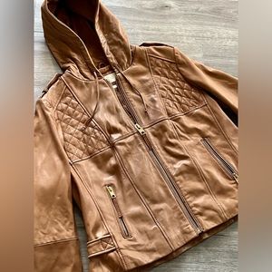 Michael Kors Brown Leather Hooded Bomber Motorcycle Jacket